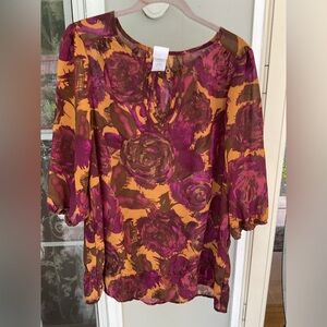 JMS Just My Size Women's Plus Burgundy Brown Green Pleated 3/4" Sleeve Top 1X